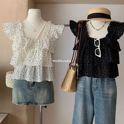 Floral Print Flounce Crop Tops